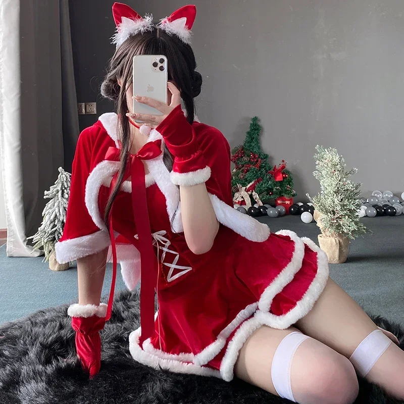 2025 New Red Velvet Christmas Woman Bunny Girl Uniform Sexy Lingerie Halloween Xmas Party Nightclub Dance Performance Dres RQR56