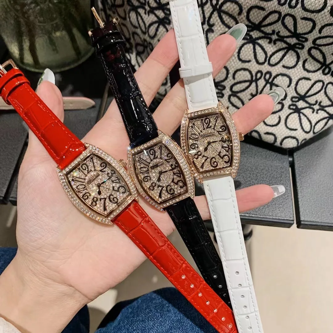 Retro Tonneau Women Watches Sparkly Zircons Crystals Wristwatch Waterproof PU Leather Strap Watches Fashion Girls Crystals Reloj