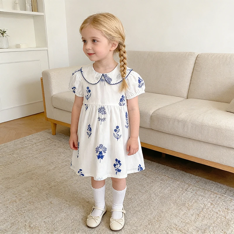 Sommer Neuer Stil 2-6 Jahre Mädchenkleid Kurzarm Babykleidung Kinderkleid Koreanisches Besticktes Mädchen Retro Schwesterkleid