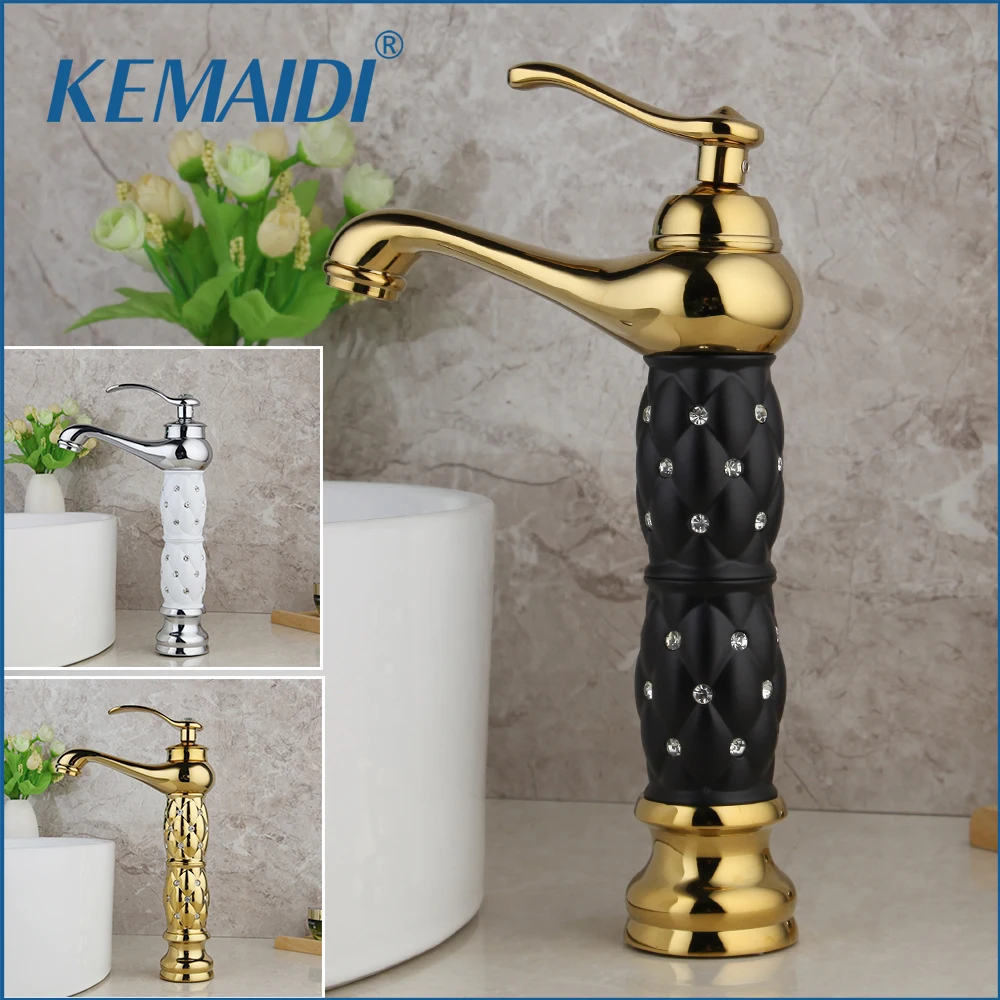 

KEMAIDI 6 Choice Golden Plated Bathroom Basin High Short Diamond Polish Faucet Deck Mounted 1 Handle Sink Faucets Mixer Tap