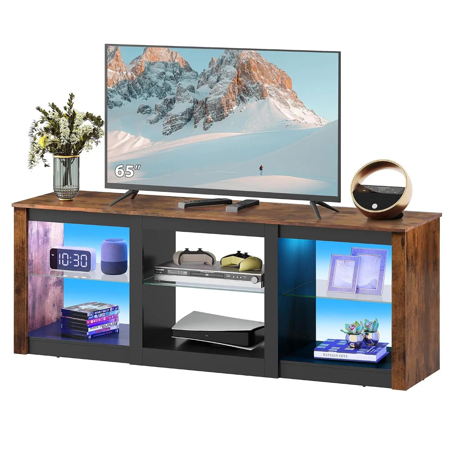 RGB LED TV Stand for 65 Inch TV, 58 Inch Entertainment Center with Adjustable Glass Shelves, Modern Media Console for Living Roo