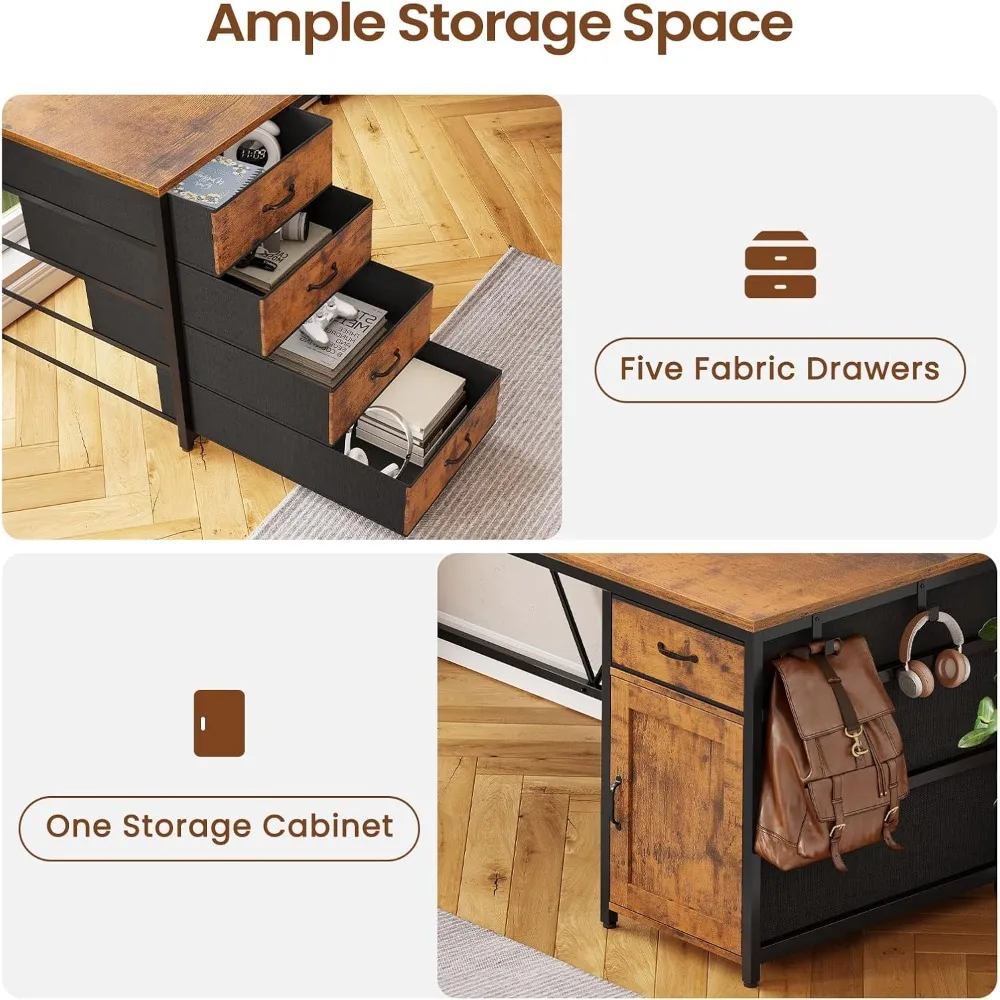 مكتب SEDETA على شكل حرف L، 63 مكتب كمبيوتر مع 5 أدراج ومخرج طاقة، مكتب منزلي طويل أو مكتب زاوية، مكتب زاوية على شكل حرف L #5