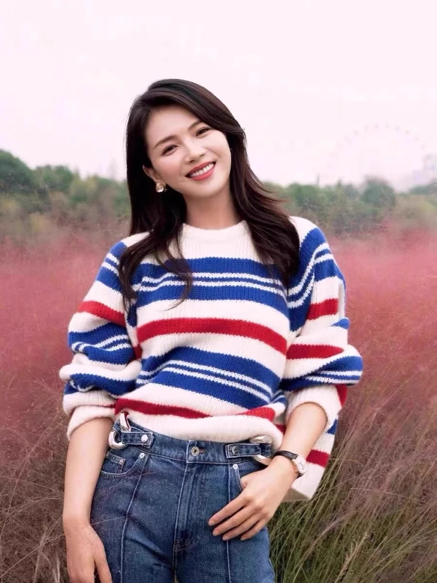 

Свободный вязаный свитер в полоску, женский базовый слой, топ, милый круглый, Ne Long Sve, осень-зима, повседневная мода