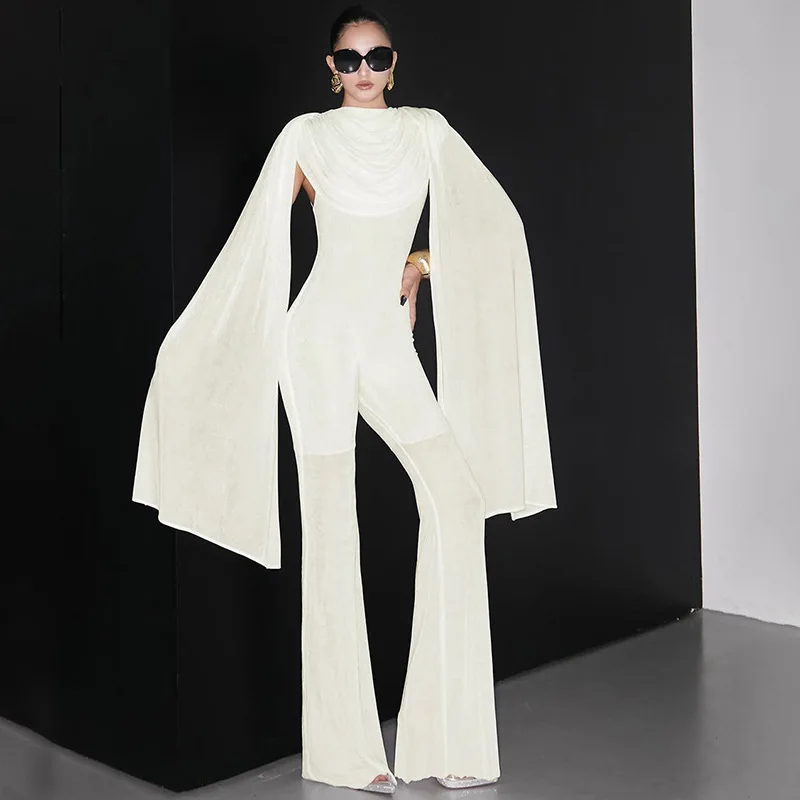

Ribbons Shawl Sleeve Slim Flare Jumpsuits Women Sexy Ruched Swinging Collar See Through Patchwork Party Overalls Casual Rompers