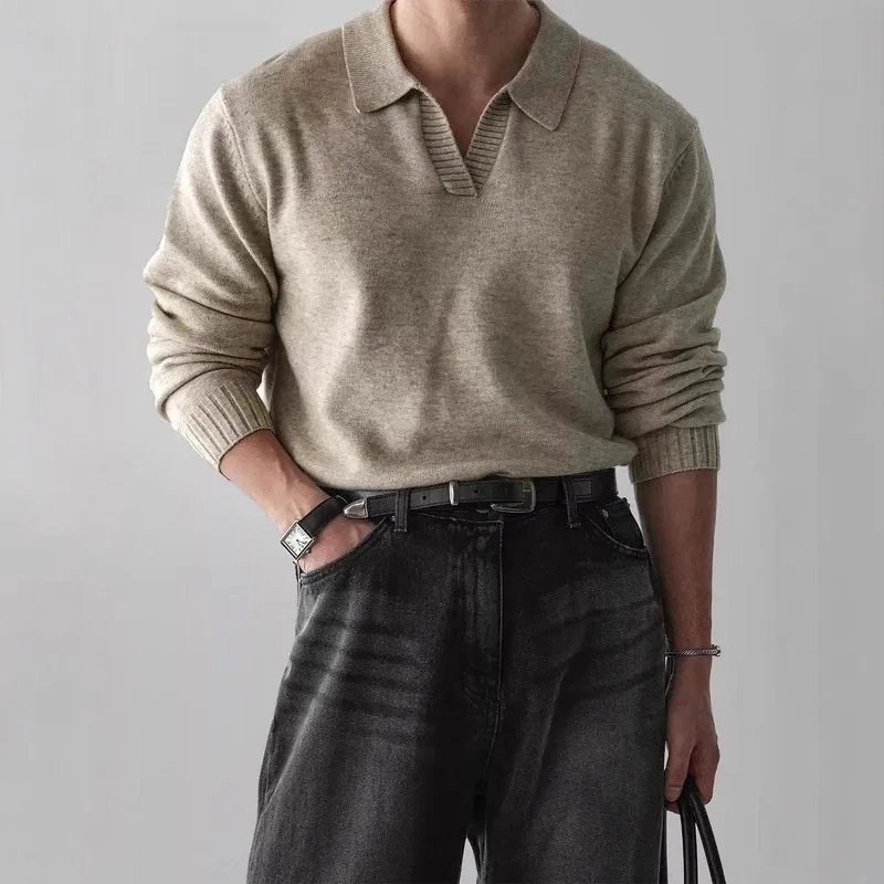 

2025 New Oatmeal Color Turn Down Collar Pullover Polo Shirt Men Long Sleeve Regular Shoulder Casual Versatile Sweater Top