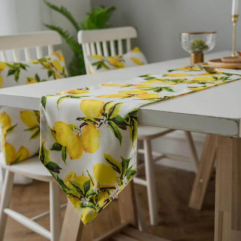 Yellow Lemon Printed Pointed Table Runner Pastoral Plant Thick Tablecloth for Dining Party Soft Home Decoration for Four Seasons