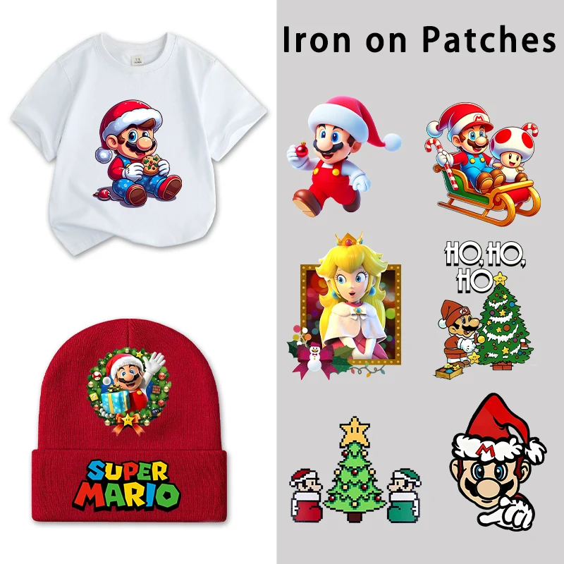 سوبر ماريو الحديد على بقع لطيف الكرتون عيد الميلاد نقل الحرارة ملصقات أزياء عيد الميلاد DIY ملابس الاطفال قبعة تي شيرت الشارات الهدايا #1
