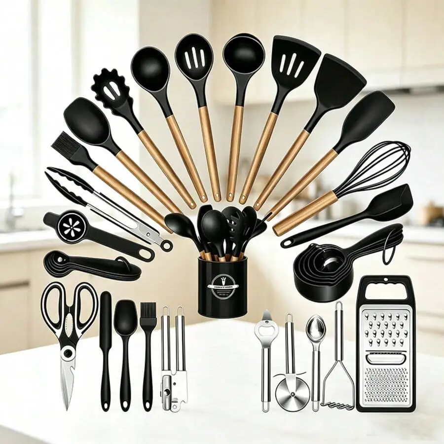 45-Piece Complete Silicone Kitchen Utensil Set Silicone Spatulas & Spoons With Stainless Steel Handles All-In-One Essential Cook