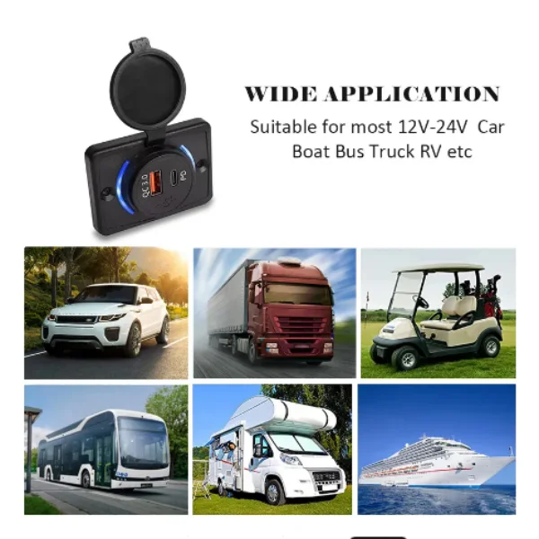 12-24V PD QC3.0 RV USB Socket Panel 18W Fast Charging Car Charger with LED For Car Bus Truck Boat All Terrain Vehicle