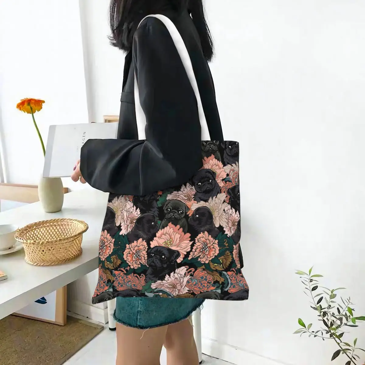 Porque Black Pug Sacos de compras Lona dobrável The Tote Bag Meninas Bolsa de ombro Bolsa de viagem