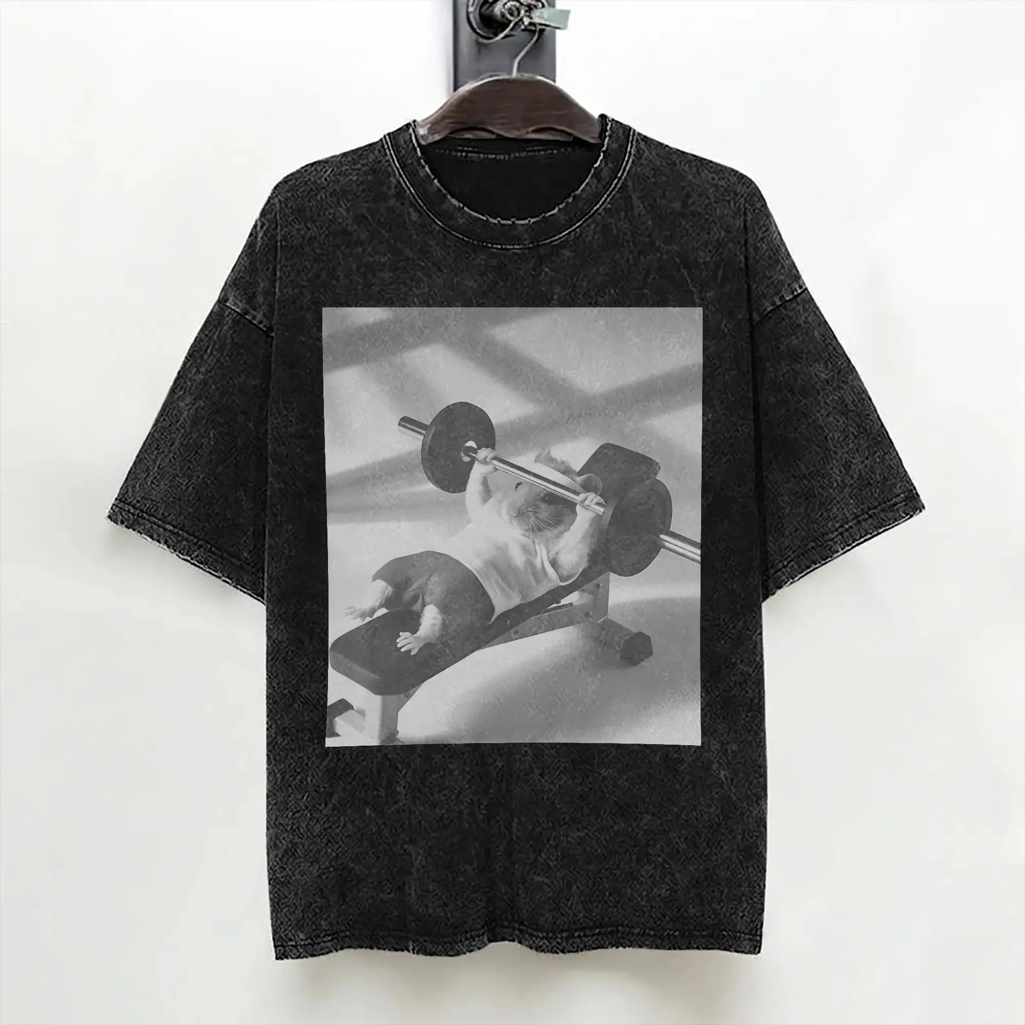 Hamster Gym Weight Lifting Meme T Shirts Washed Short Sleeve Harajuku T-Shirts  Novelty Men Women Streetwear Printed Tops Tees