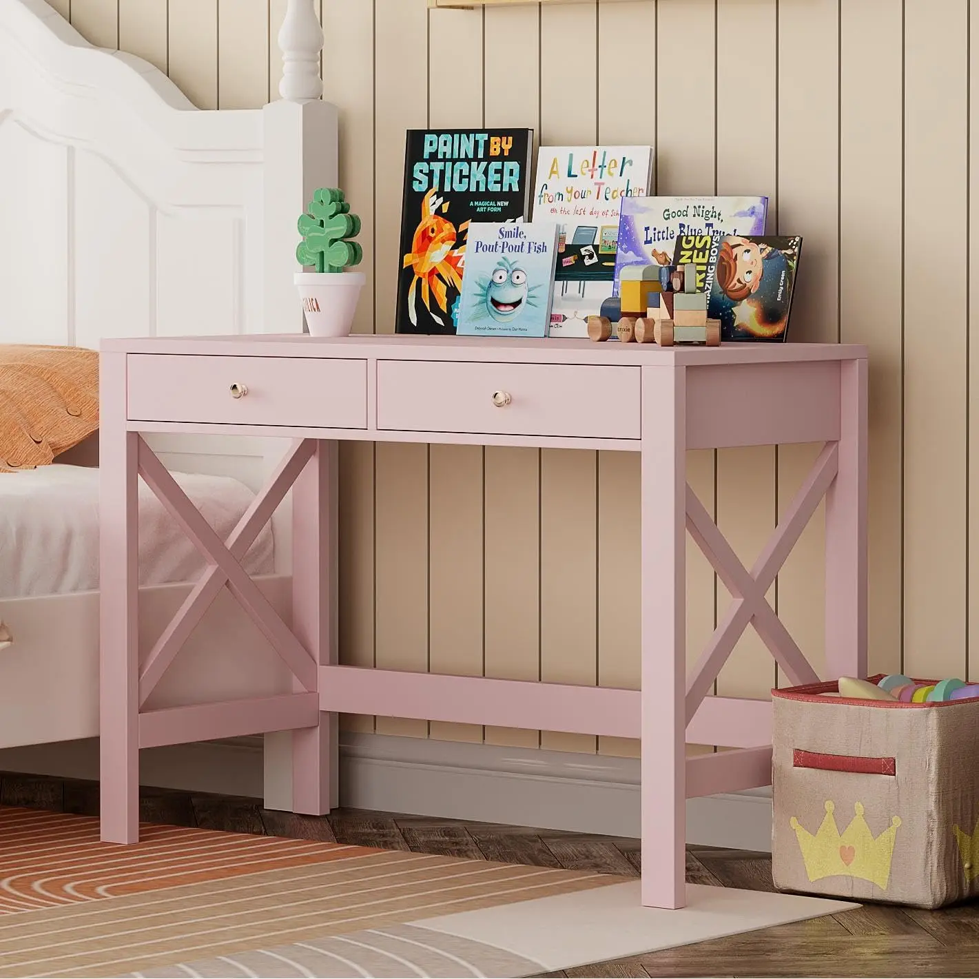 USB Charging & Power Outlet Equipped 39 Farmhouse Desk, Compact Study Writing Table with Drawers