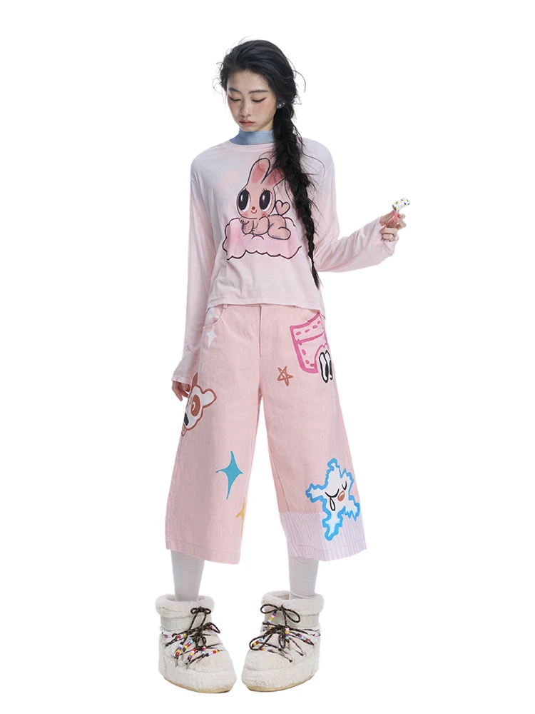 

Розовая футболка Cloud Rabbit с длинными рукавами, свободного кроя, повседневная, с креативным узором, из смесового хлопка, летний топ для девочек