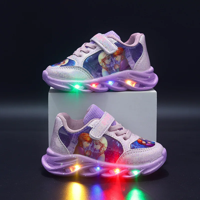 Disney LED Casual Sneakers For Spring Girls Frozen Elsa Princess Print Pu Leather Shoes Children Lighted Non-slip Pink Purple