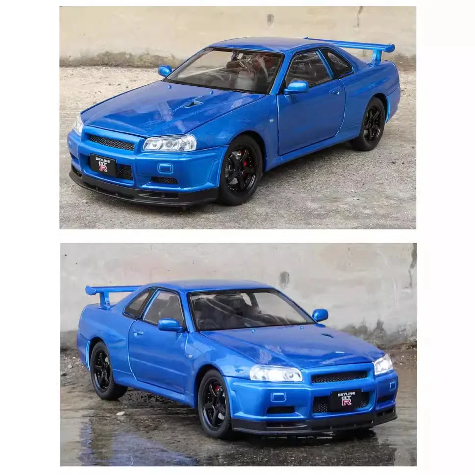 1:24 Nissan GTR-R34 Alloy Sports Car Model Diecasts Metal Racing Car Model Simulation Sound and Light Kids Toys Gift C342