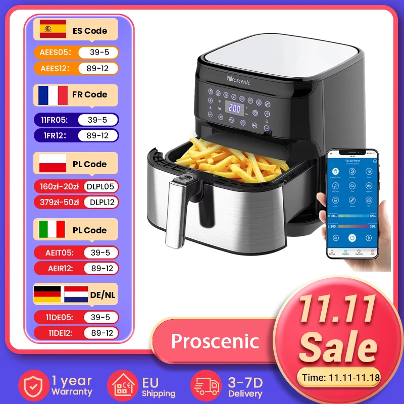 Proscenic T21 Smart Air Fryer, App & Alexa Control, XL 5. 8QT, 1700 Watt Electric Air Fryers Oven & Oilless Cooker