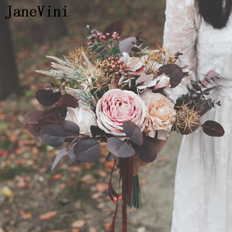 JaneVini Vintage Autumn Bride Holding Flowers Artificial Dusty Pink Rose Brown Leaves Bridal Flowers Wedding Bouquets Bruiloft