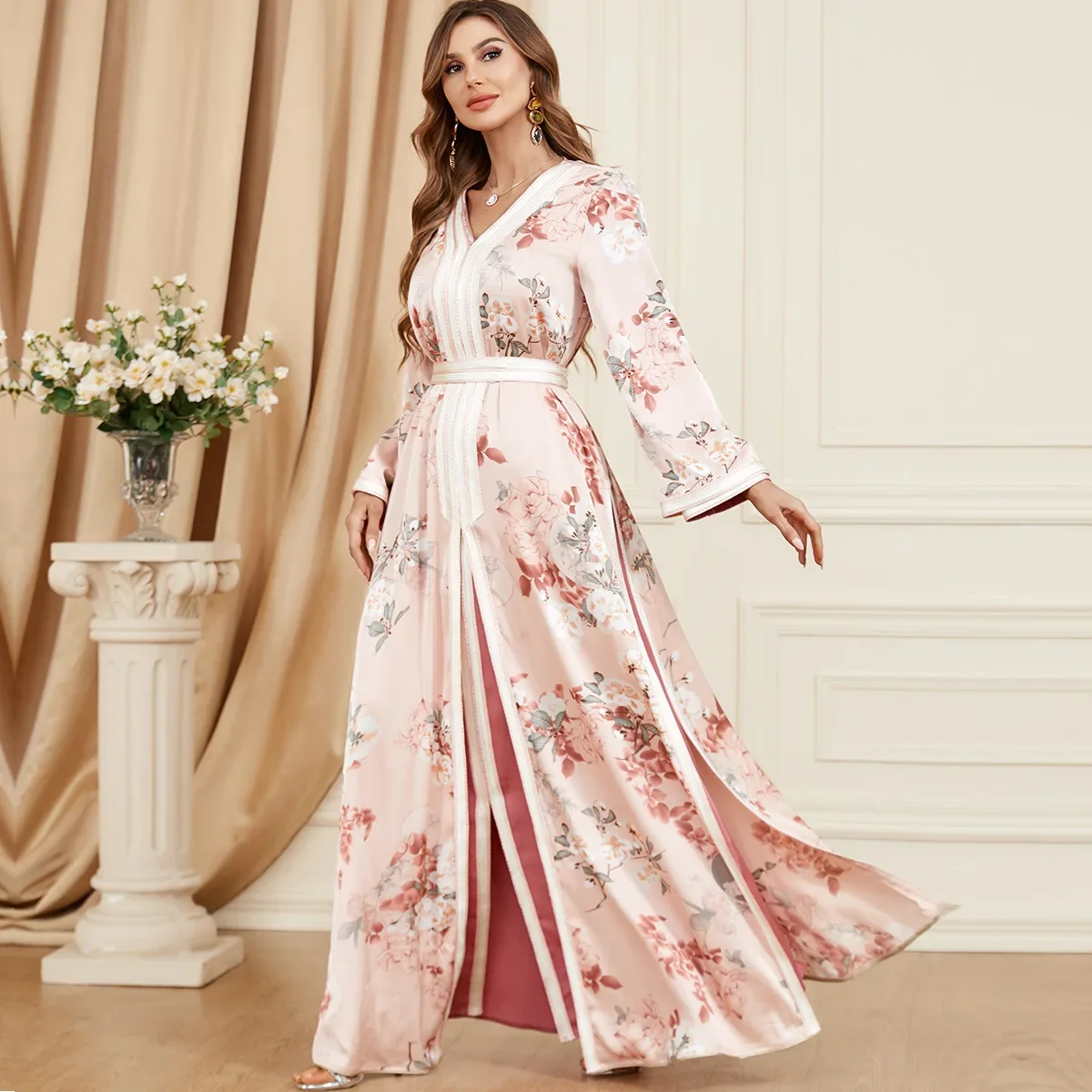 Print Women Morocco 2 Piece Set 2023 Robe Turkey Muslim Abaya Dress Eid Ramadan Party Dresses Dubai Abayas Belted Maxi Vestdios