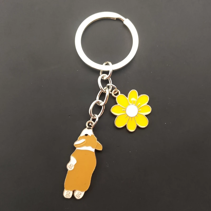 Cute Flower Corgi Trinket Key Chains Charm Accessories Pet Dog Animal Jewelry Women Bag Car Fashion Gift KeyRing Pendant