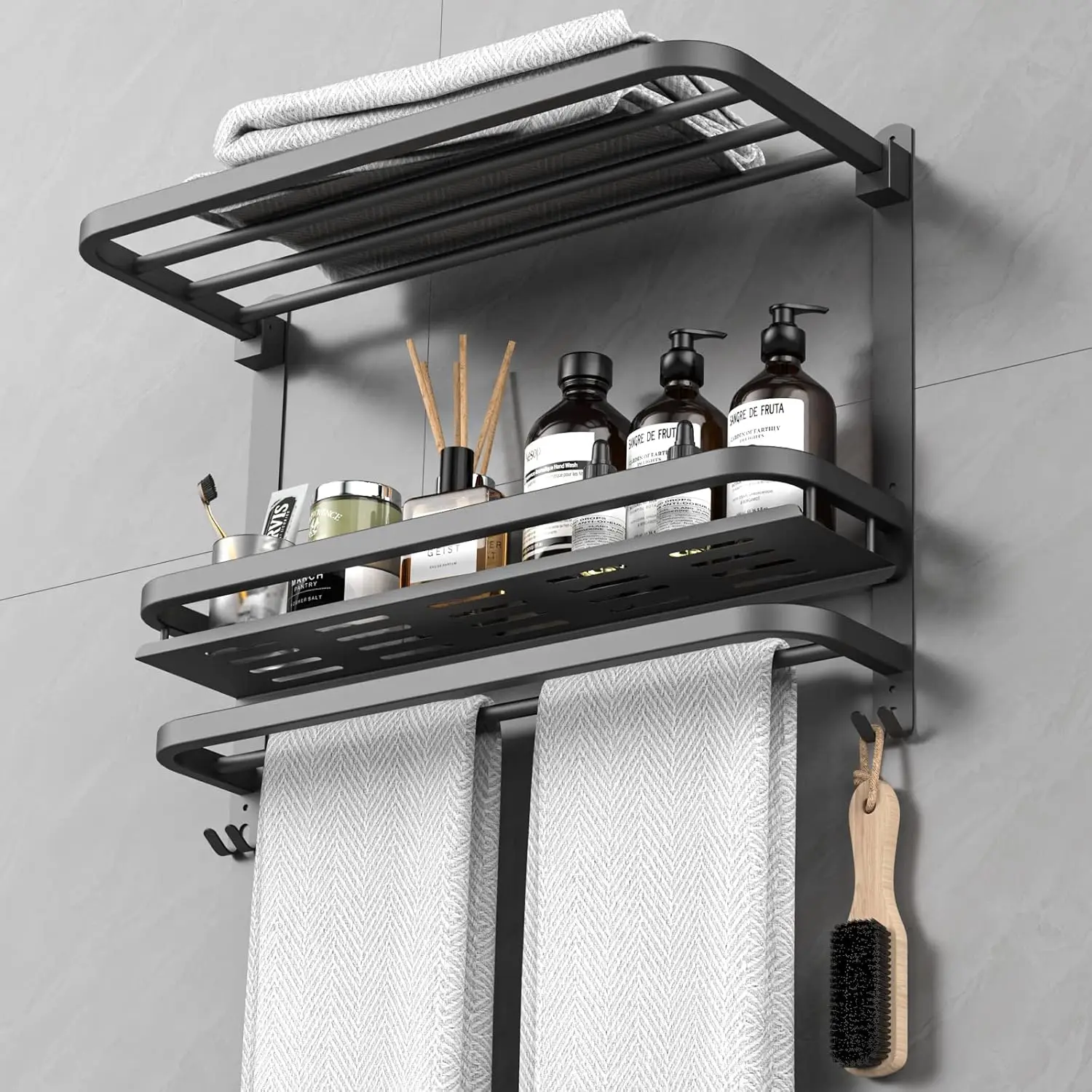 

22.8Inch Collapsible Black Towel Rack with Shower Shelves, 304 Stainless Steel Wall Mount No Drill Bathroom Organizer