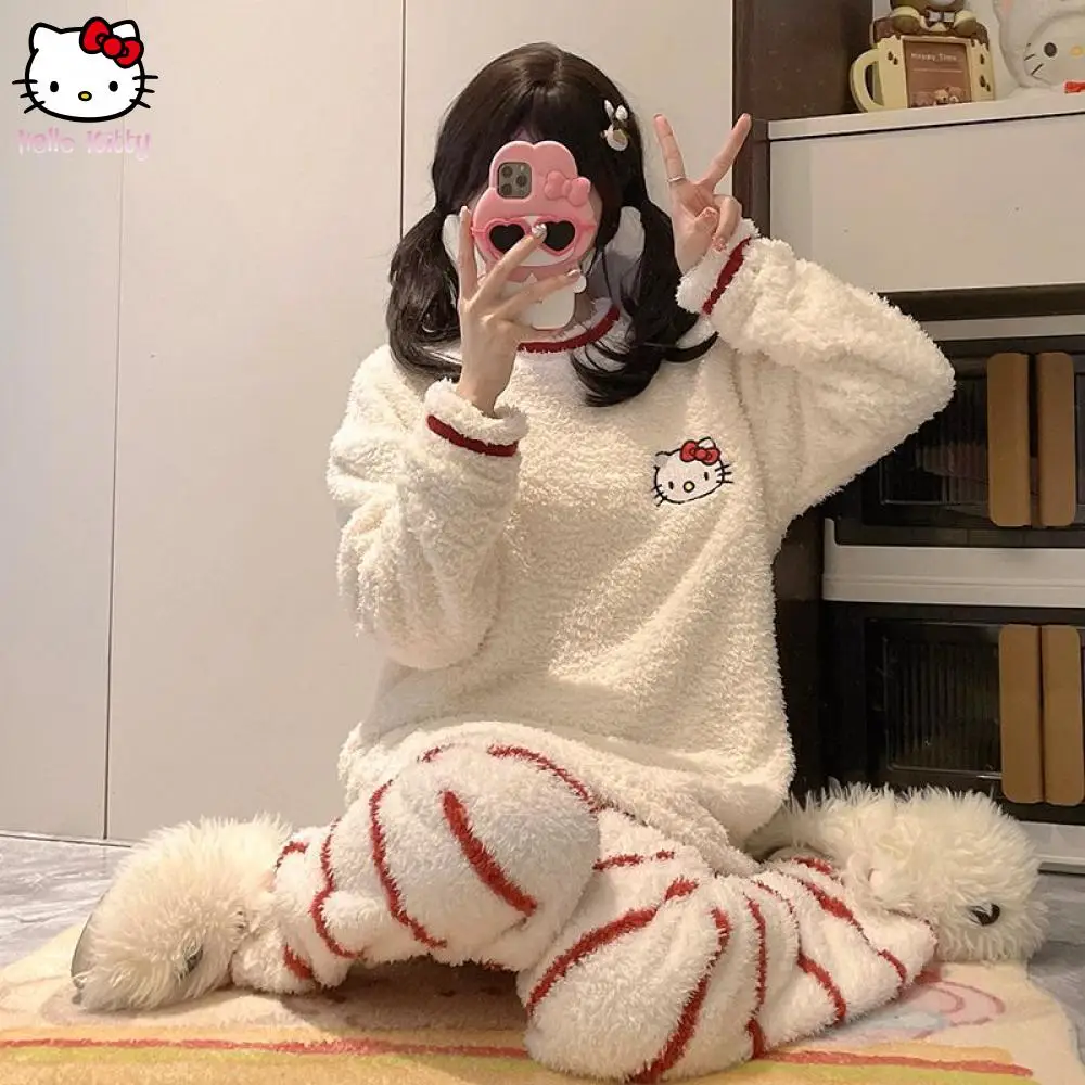 

Sanrio, новая зимняя женская одежда для сна, полуфлисовый повседневный комплект домашней одежды с круглым вырезом, удобный мягкий модный комплект с героями мультфильмов