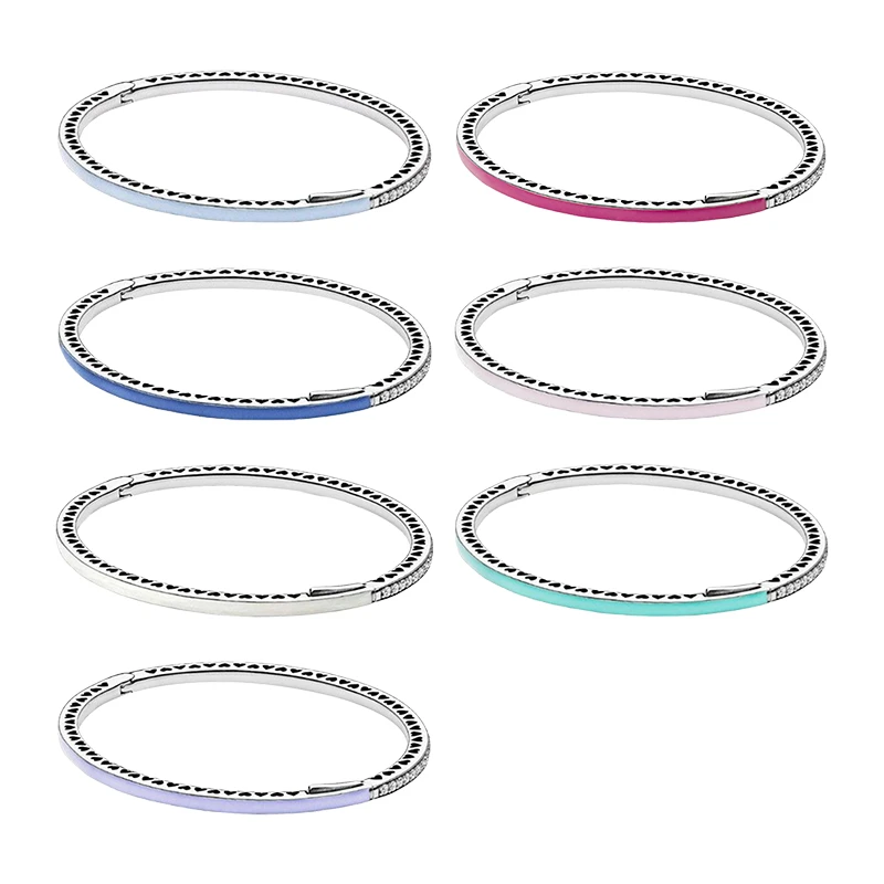 Rigid Wrist Cut Out Radiant Hearts Bangles Bracelets For Women Fine Jewelry 925 Sterling Silver Zircon Stones Multi-Color Enamel