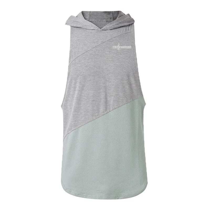 

Running Muscle Men Casual Fashion Hooded Stitching Loose Tank Tops Summer Cotton Sleeveless Breathable Cool Mesh Hoodie