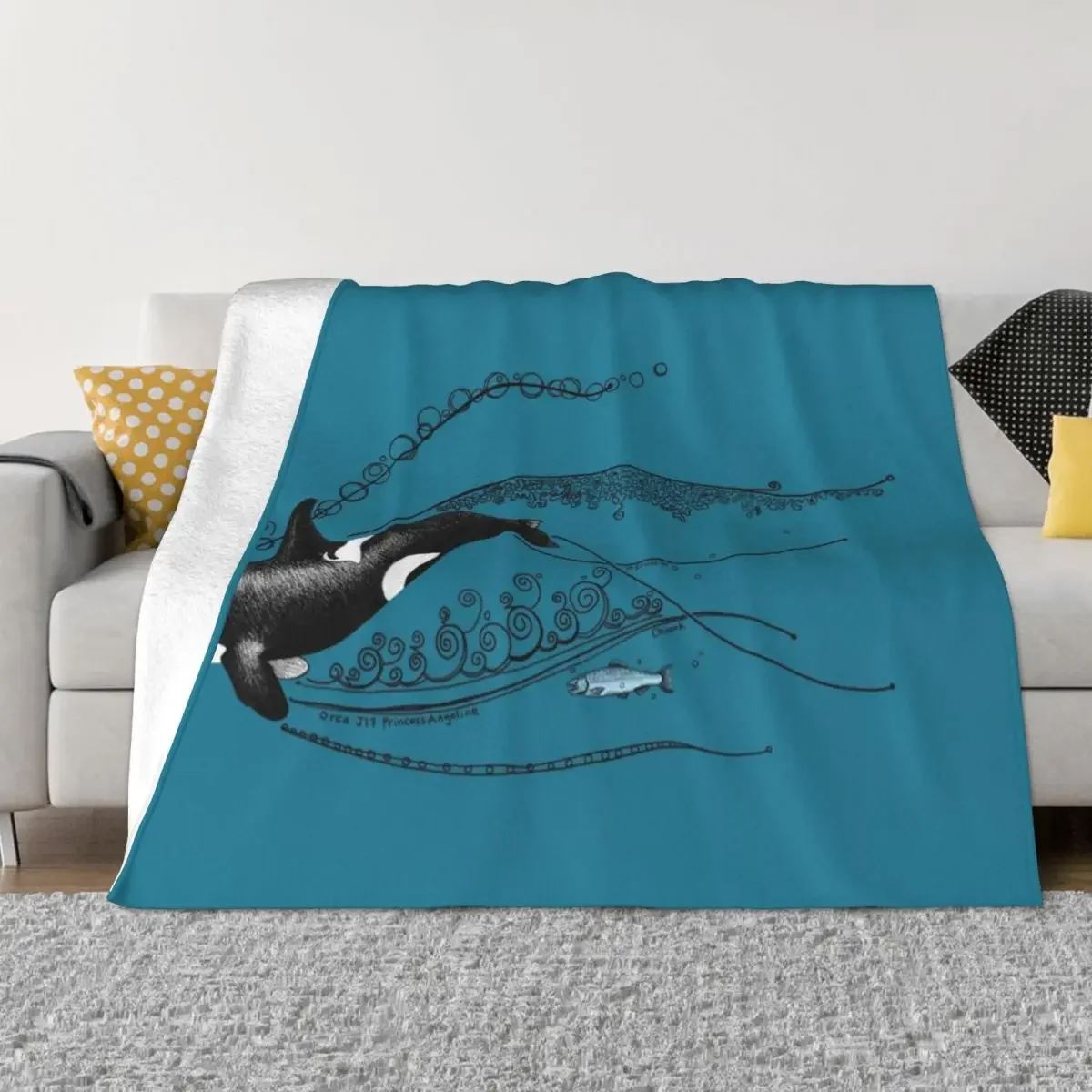 Orca and Salmon Doodle Throw Blanket Decoratives Soft Plush Plaid Polar Blankets