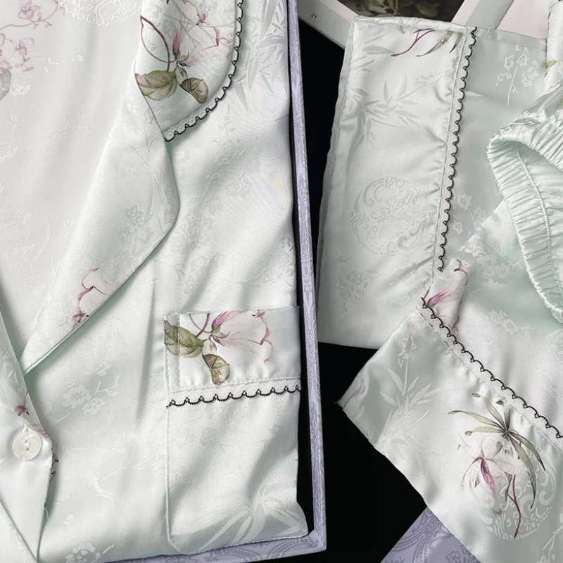 2024 Spring Autumn New Ice Silk 2 Pieces Pajamas for Women Fashion Cardigan Pyjamas Femme Sweet Printing Women Lazy Loungewear