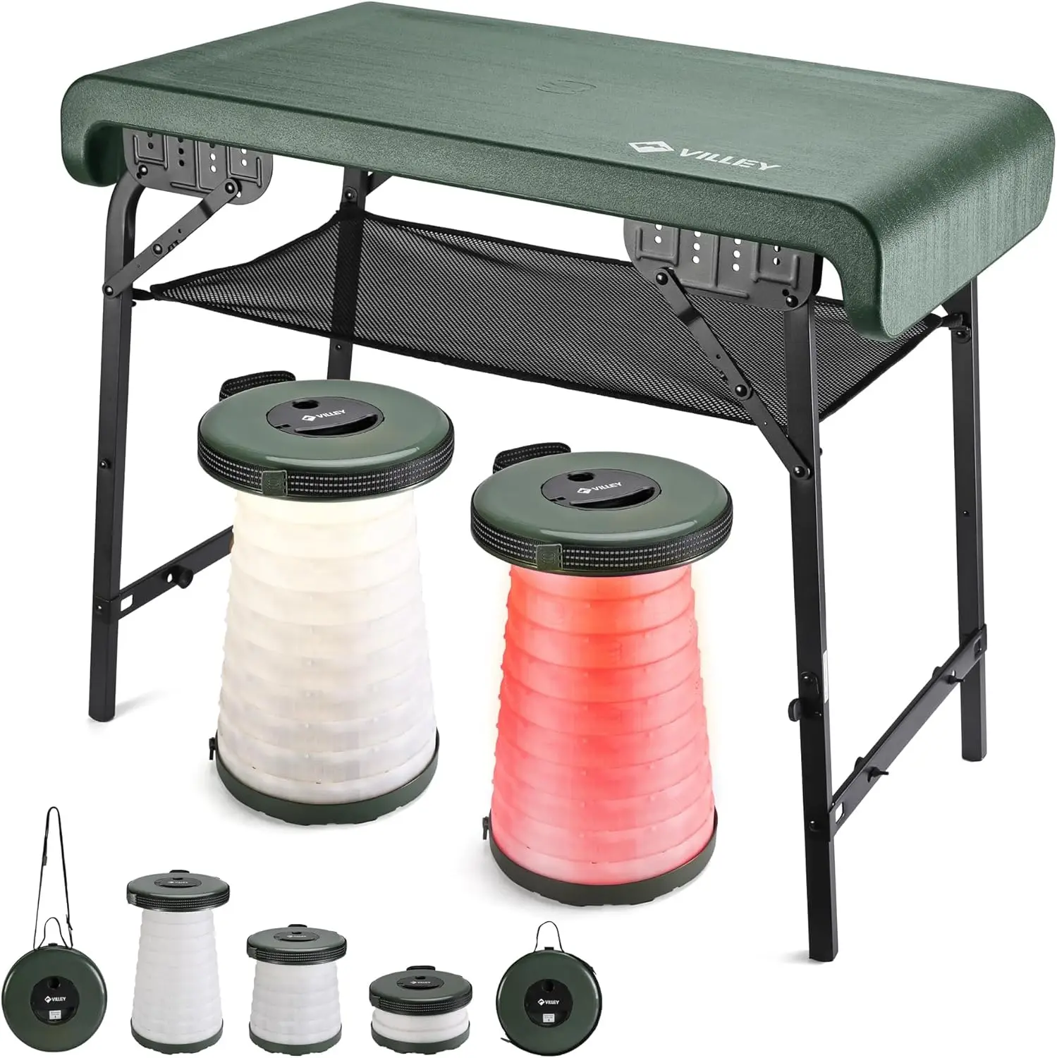 Camping Table & Collapsible Stools Set, Folding Beach Table with 2 Portable Stools and Mesh Layer, Lightweight Camp Table, Great