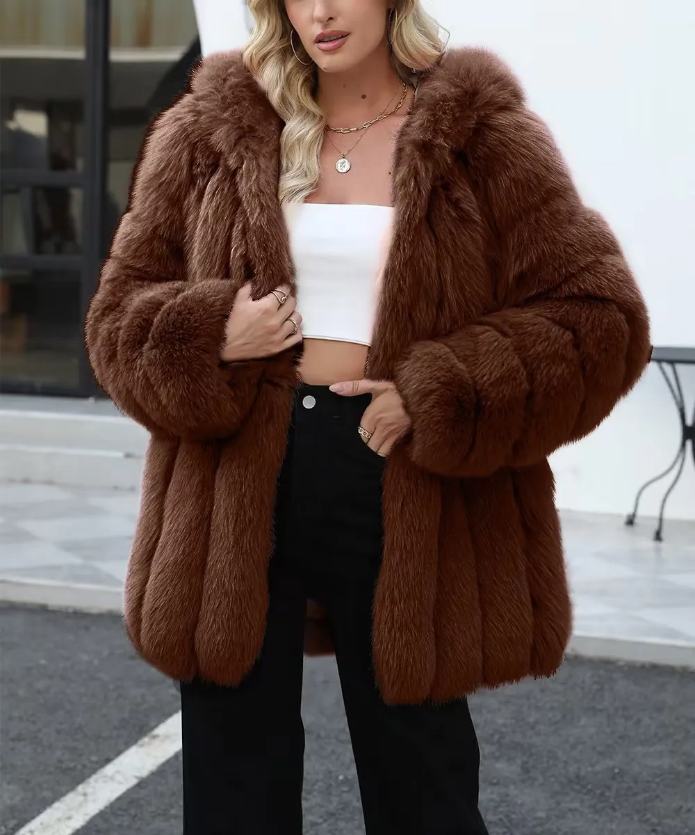 Faux Fox Fur Coat Women Solid Fur Jacket Long Sleeve Turn Down Collar Open Stitch Thick Warm Fur Loose Casual 2026 Autumn Winter