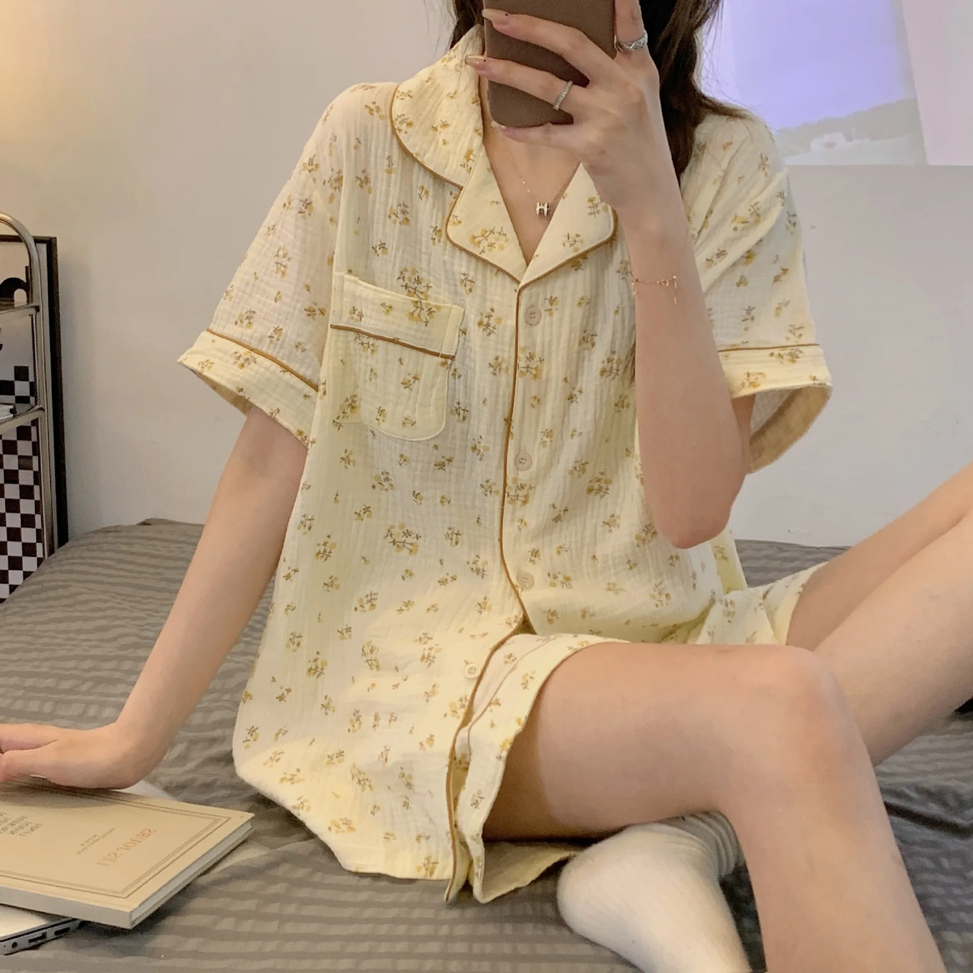 Pajamas women's summer linen cotton short-sleeved shorts two-piece thin section style sexy cotton home service suit for sleepwea