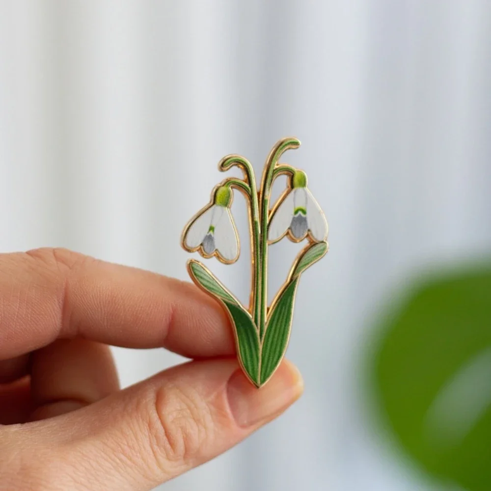 سنودروب الأزهار الصلب المينا دبوس زهرة بيضاء شارة النباتية بروش الربيع زهر البستاني هدايا الطبيعة #3