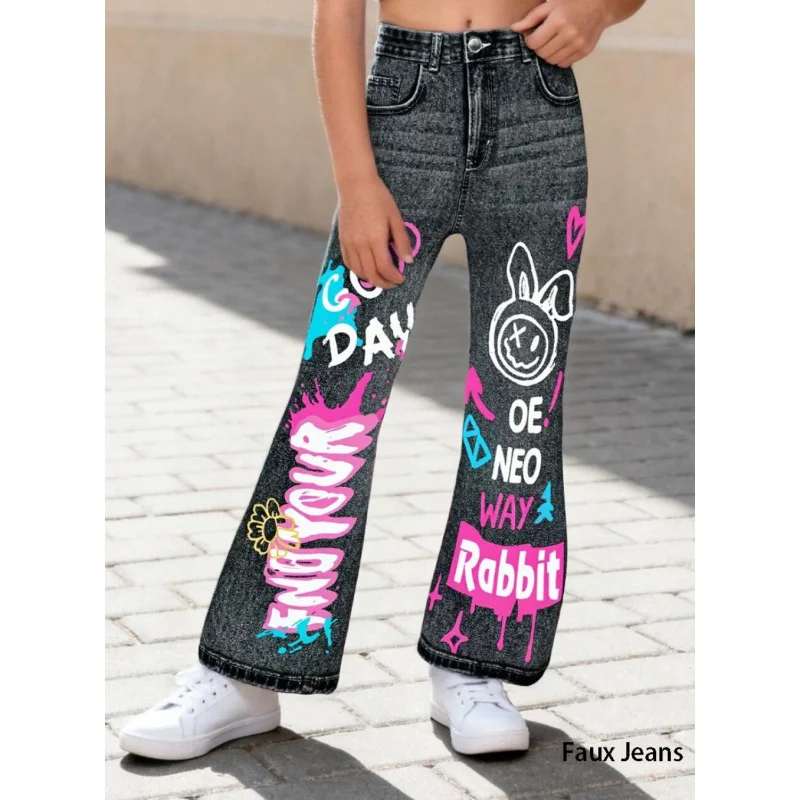 

2025 Girls Y2K style, girls fashion rabbit print - graffiti print horn model imitation denim trousers