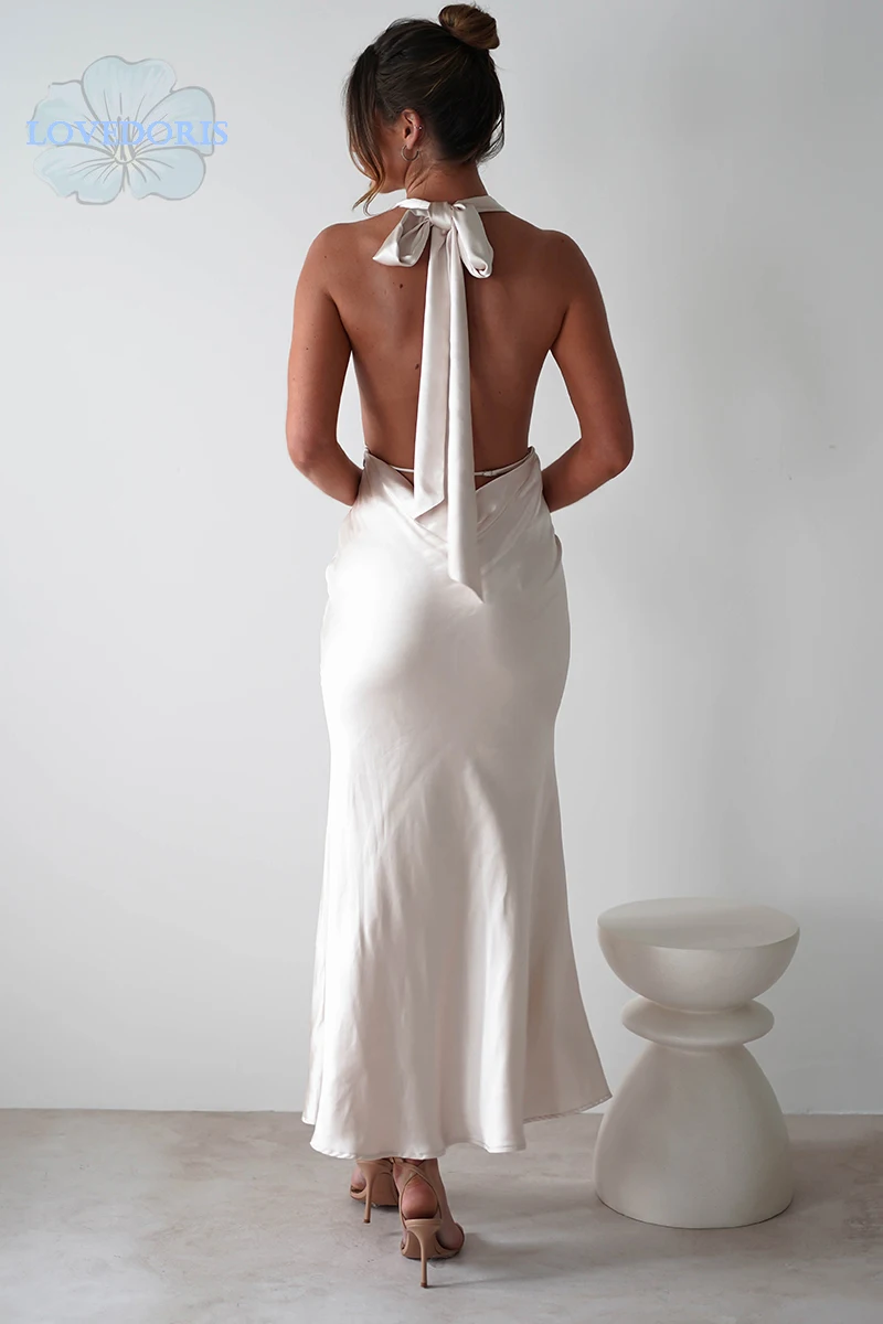 LoveDoris-Backless cetim Halter dama vestido, vestido de noite Sexy, Off White, Prom Party, Personalizar