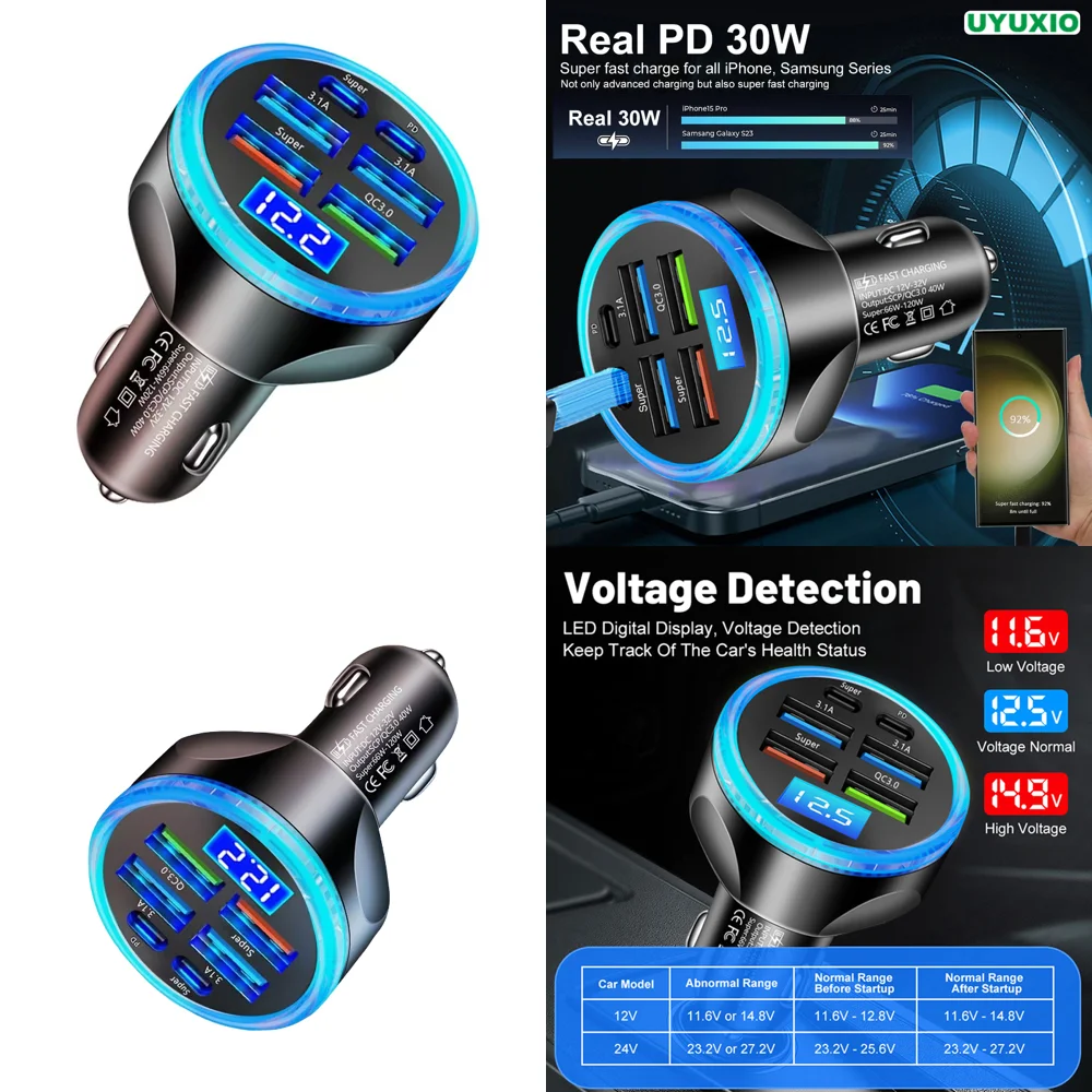 Dropshipping Products Multi Port Car Charger Adapter USB Type C with Volt Meter Fast Charge for iPhone iPad Samsung Trending