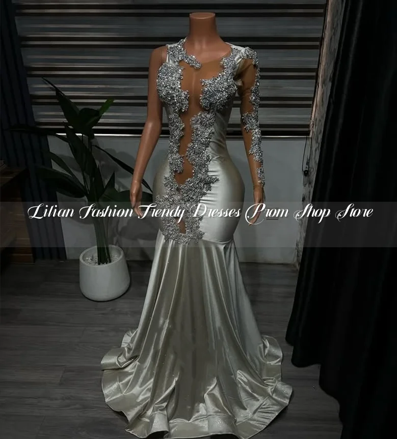 Delicate One Shoulder Sleeve Prom Dress Silver Elegant Diamante Applique See Mesh Party Customized вечернее платье женское
