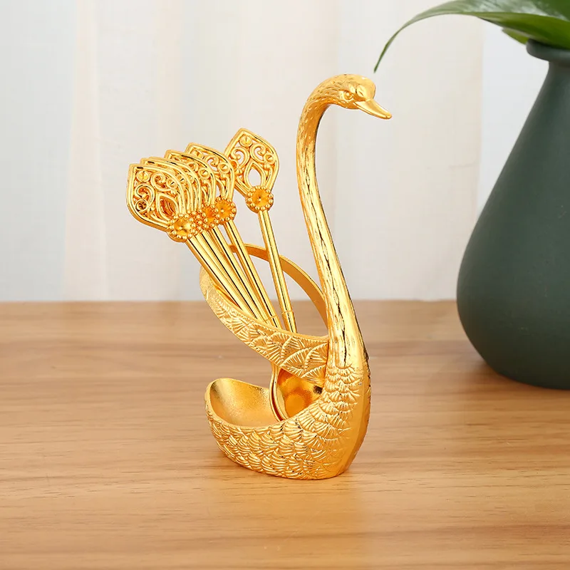 Gold alloy luxury Swan 6 sticks fruit fork cute coffee spoon children's dessert spork set cake fork.