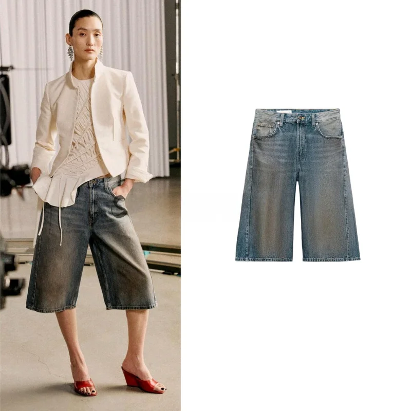 

Новые летние женские повседневные джинсовые шорты с металлическими пуговицами и молнией, со средней посадкой, прямые, из денима с эффектом потертости, из полиэстера.