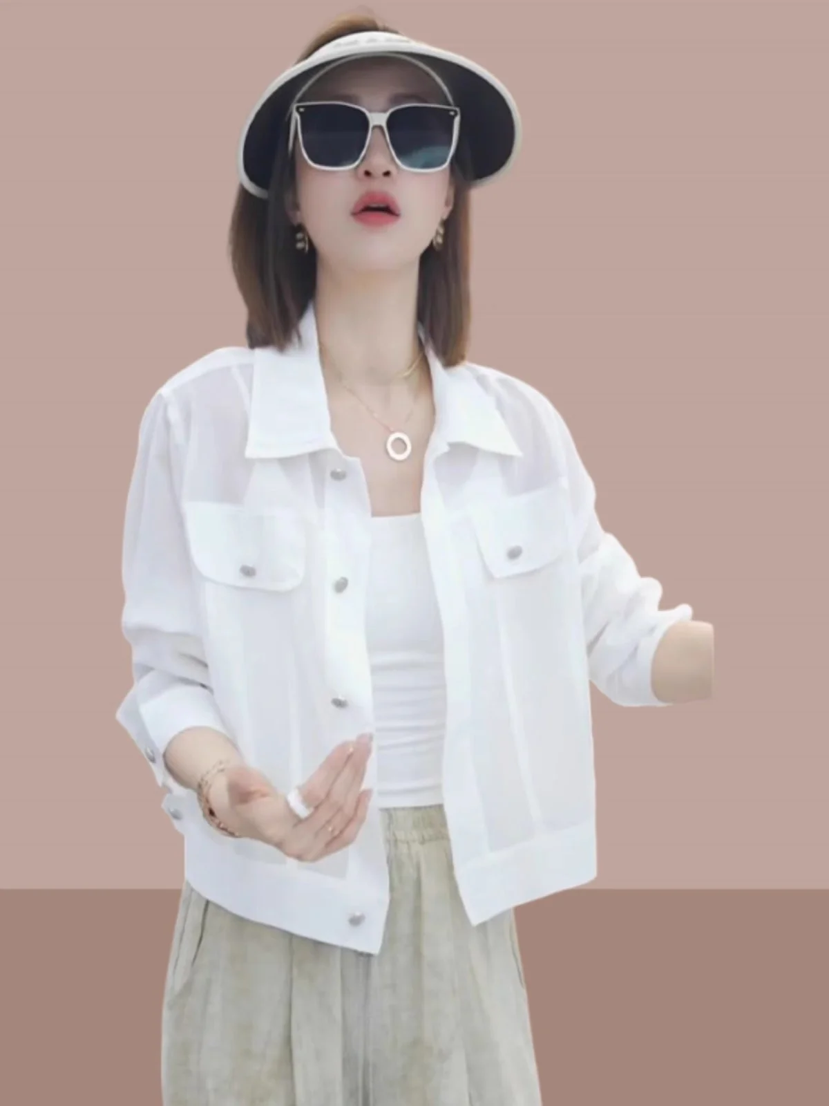 

Новая модная женская летняя укороченная рубашка-кардиган с воротником, дышащая, универсальная, тонкая, с длинным рукавом, однотонная