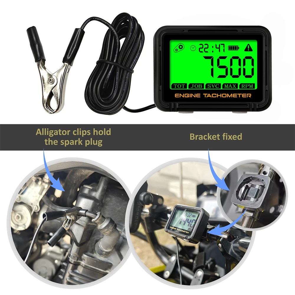 Kebidumei tacómetro inductivo medidor de horas Digital motocicleta SVC TOT JOB indicador de motor retroiluminación RPM reiniciable para ATV