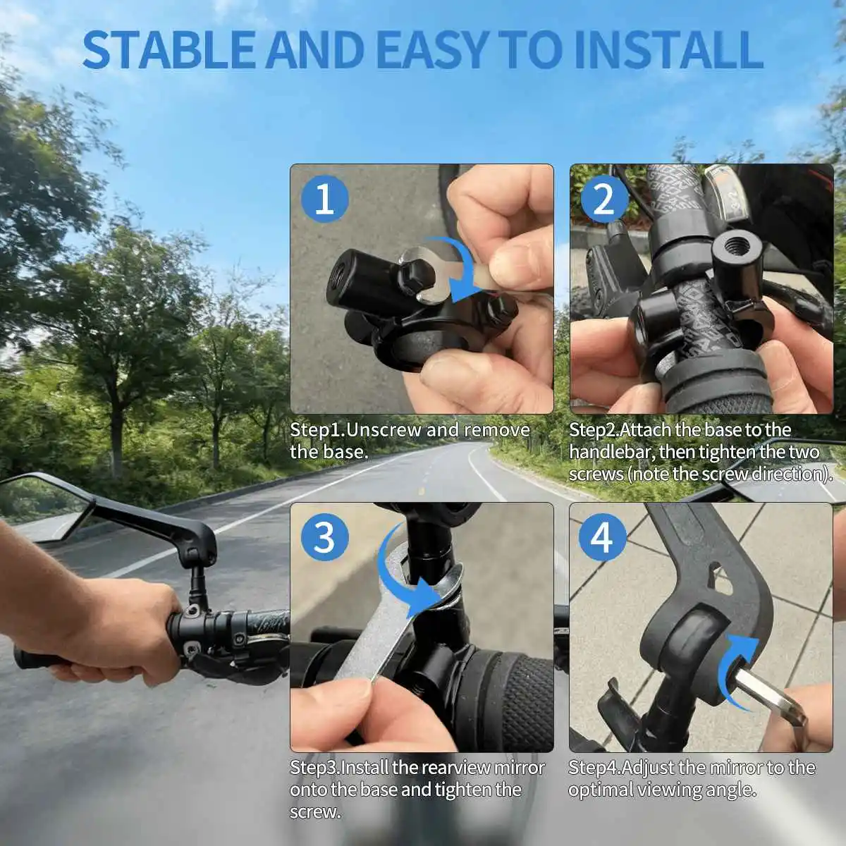 1 Pair Adjustable Handlebar Bike Mirror, Shatterproof HD Glass Lens, Universal Fit Rearview Bicycle Mirrors, 360° Rotatable, Com view 2