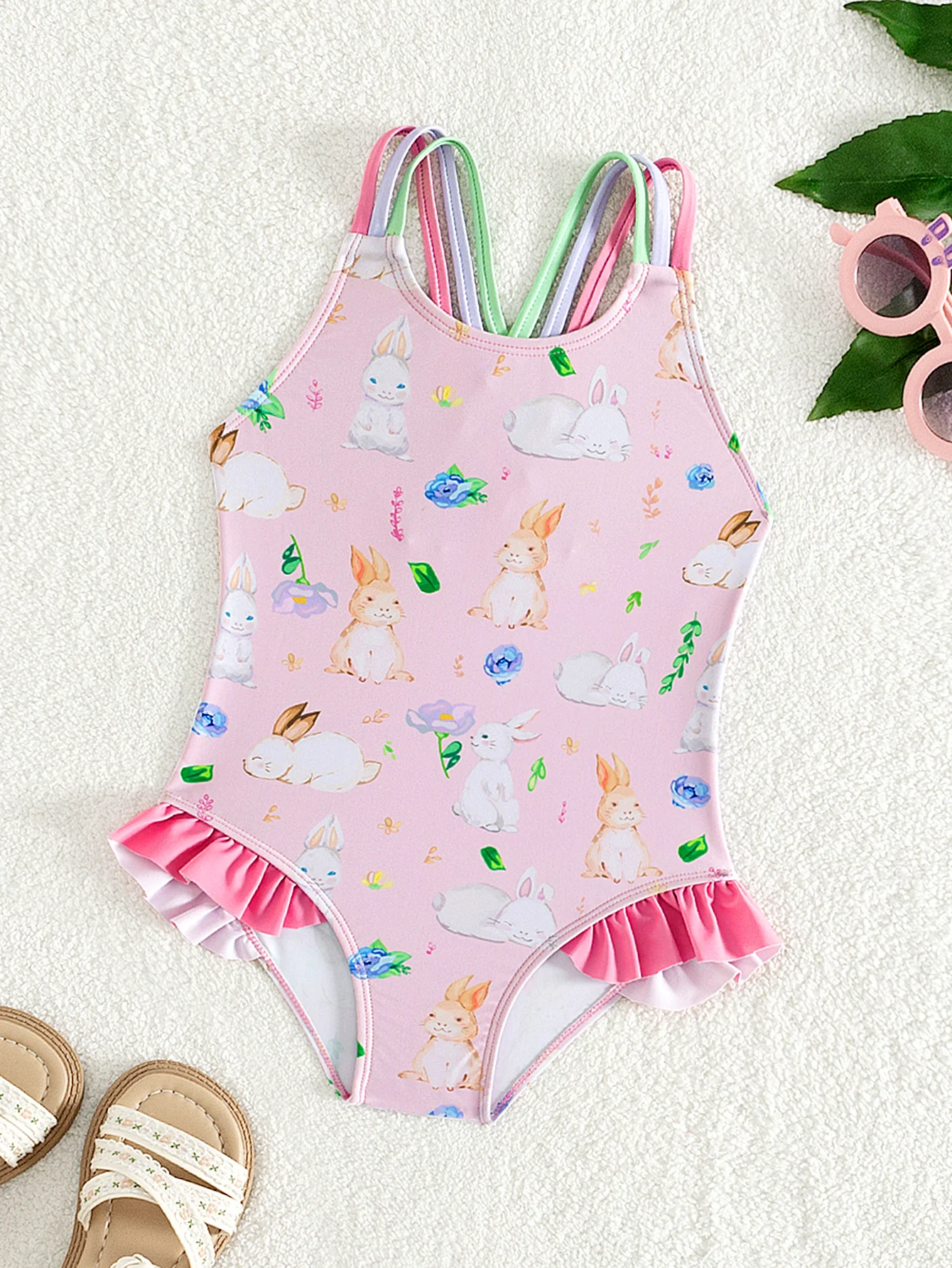 Summer Quick-Drying Ruffle Child Kids Vacation Beach Clothes Swimsuit Rabbit Print Stretchy Beach Girls Kids 1-piece Swimwear