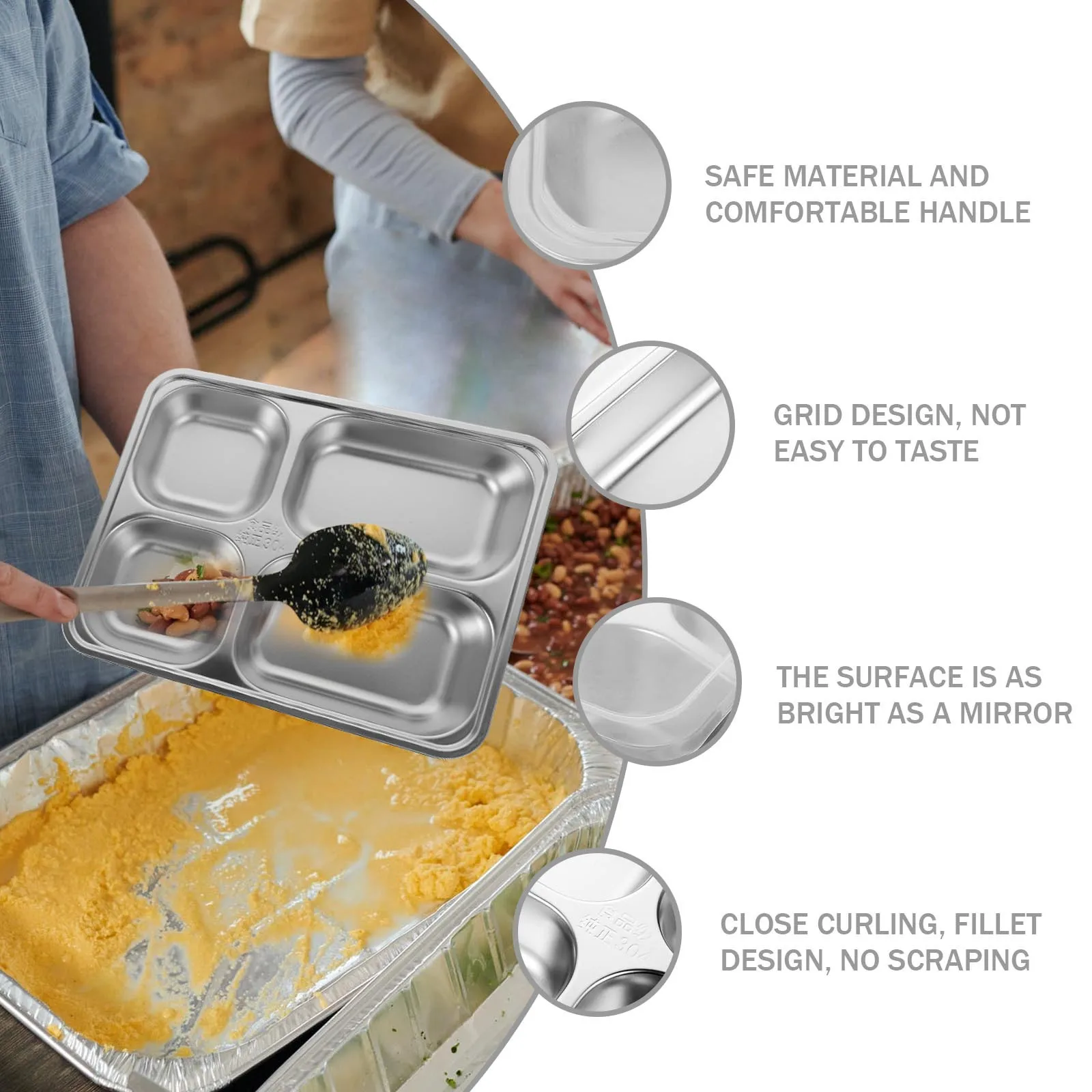 

1Pcs Rectangular Stainless Steel Food Plate 4 Sections Heat Resistant Wearproof Compartment Design Lunch Compartment Tray