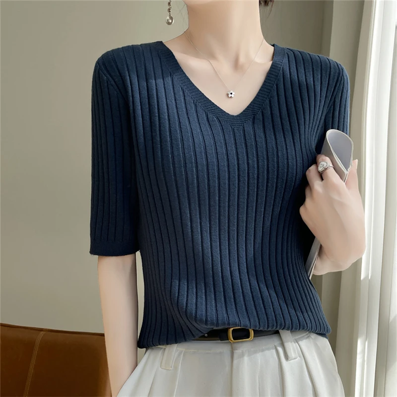 Pull en Cachemire à Manches Courtes et Col en V pour Femme, Vêtement Décontracté à la Mode