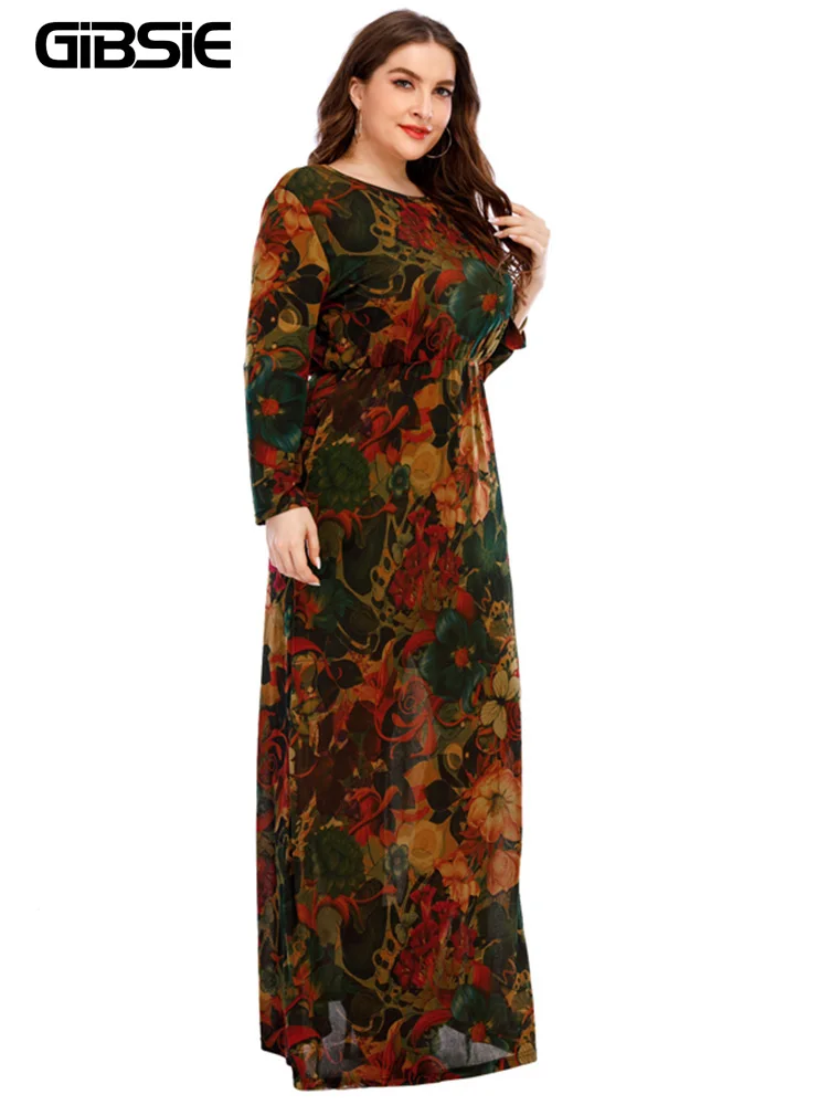 GIBSIE Retro Floral Print Abaya Muslim Dress Women Plus Size O-Neck Long Sleeve Autumn Winter Maxi Dress Turkish Women Clothing