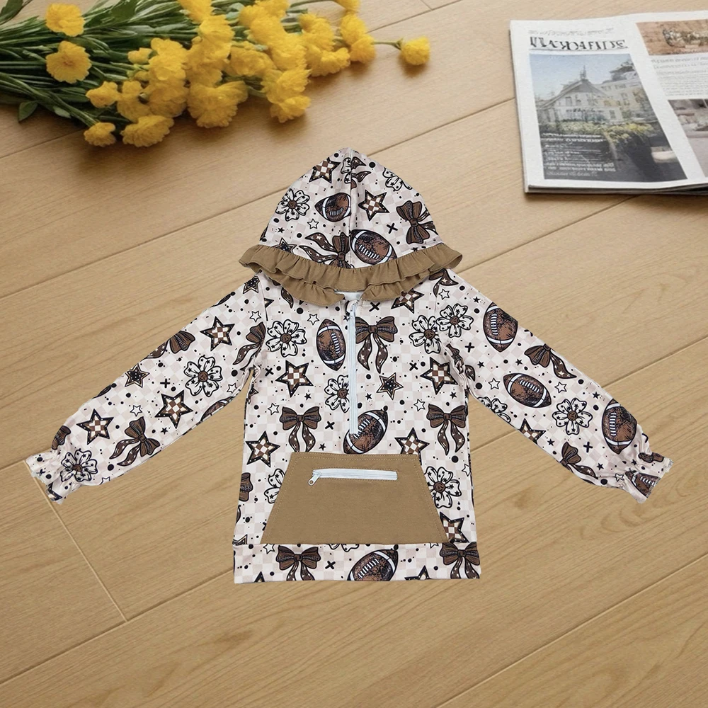 

9.29 Baby Girls Long Sleeve Tops Baby Girls Football Flowers Checked Pocket Zipper Team Ruffle Hoodies Top