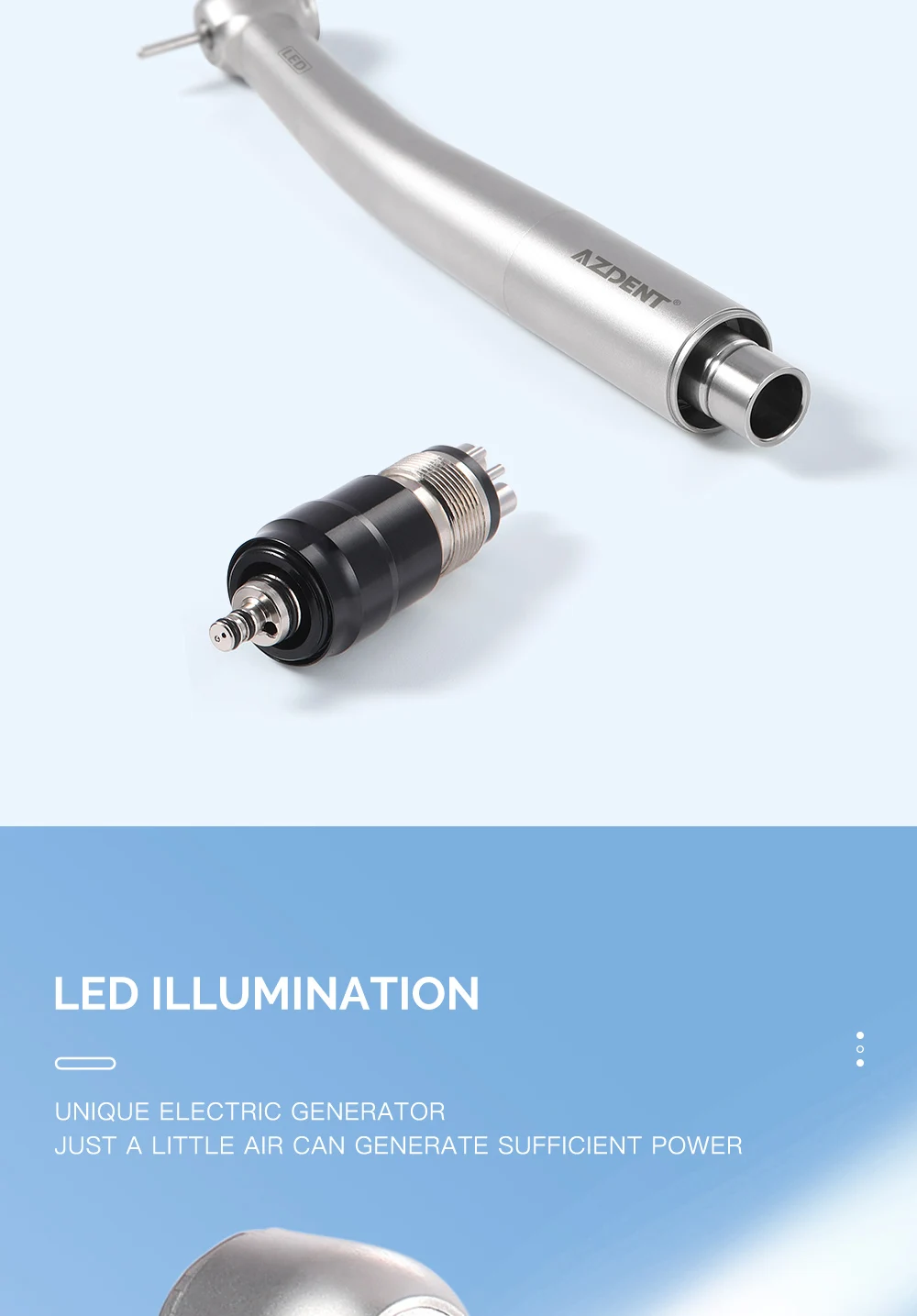 AZDENT Dental Hochgeschwindigkeitshandstück LED E-Generator Standardkopf Schnellkupplung 4-Wege-Spray Clean System Druckknopf 4 Löcher – Detail 4