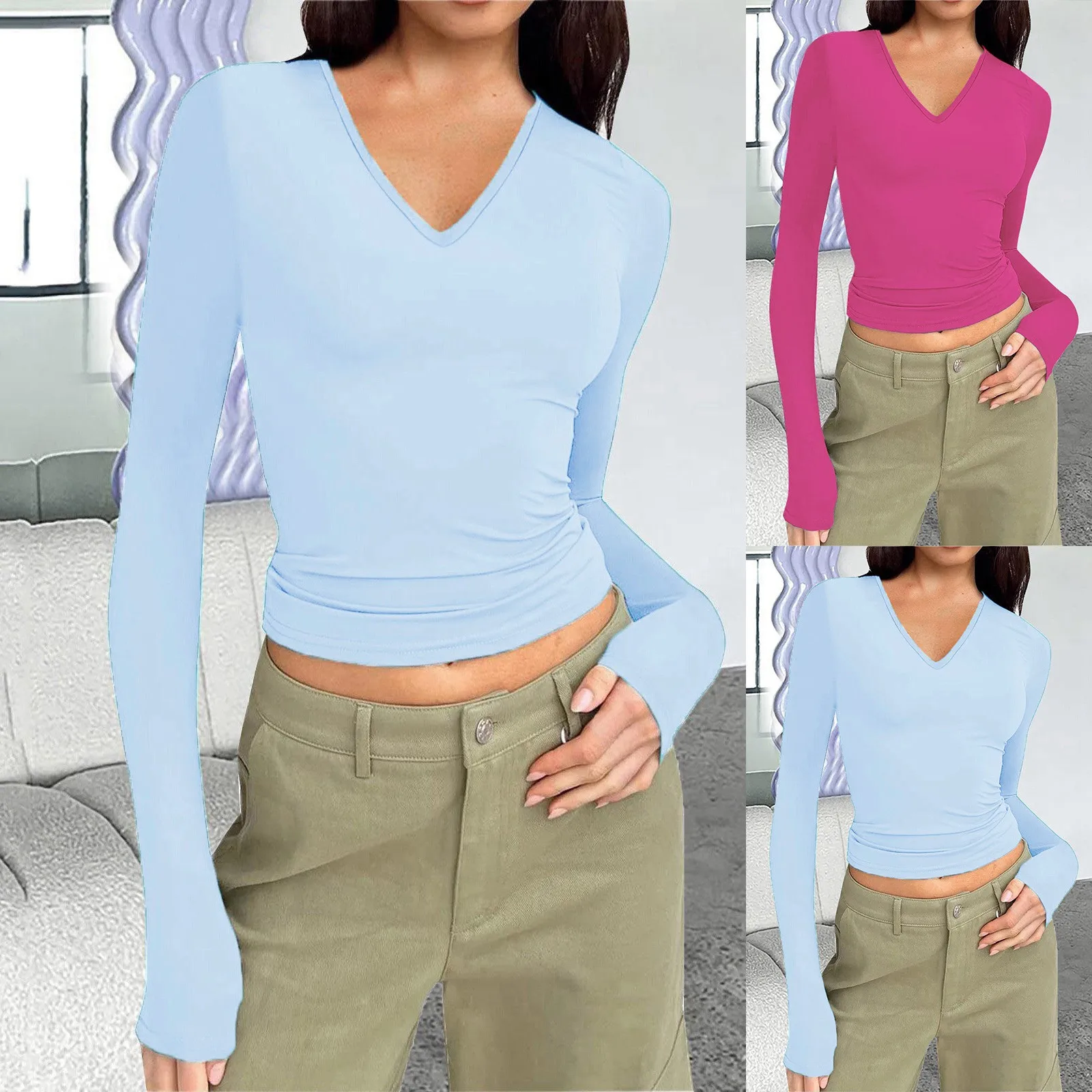 Женский Повседневный однотонный топ с V-образным вырезом и длинным рукавом, костюм 2024, модная облегающая футболка, одежда для женщин