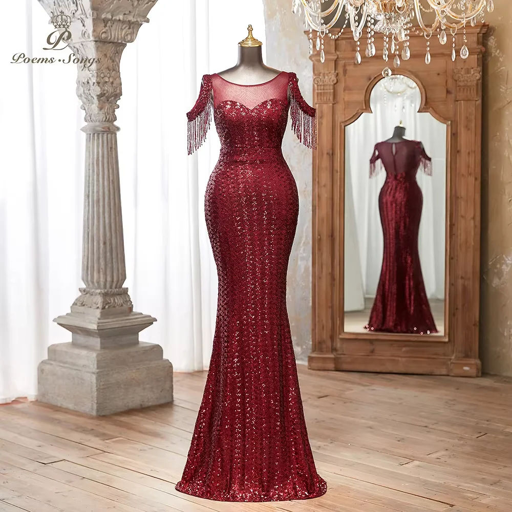 

Customized Burgundy Sequin Evening dress Tassel Sleeves Sheer Mesh Floor-Length Formal Dress vestidos de fiestas elegantes muje